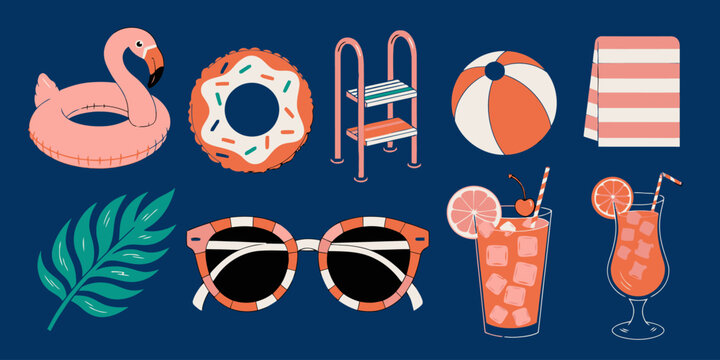 Pool party objects with flamingo float, donut, ladder, ball, towel, sunglasses, and cocktails for summer.