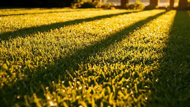 Sunlit grass with dew drops