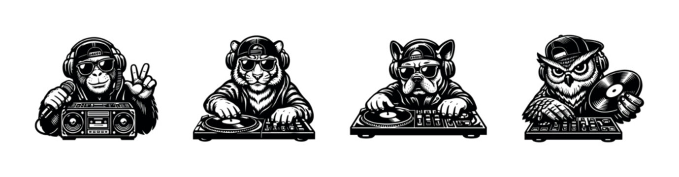 Black and white illustration of animal djs in streetwear with turntables vector art