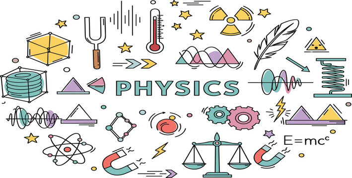 Physics Doodle Vector Illustration with Scientific Symbols, Atom, Magnet, Radiation, Waves, Balance Scale, Formula E=mc2, and Hand Drawn Education Elements