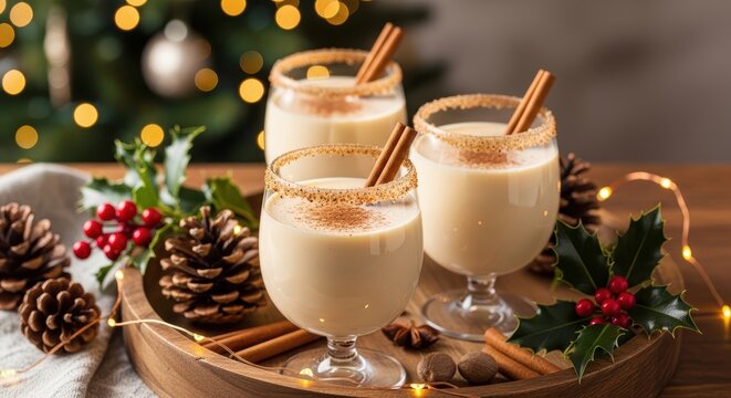 Cozy Christmas Eggnog With Cinnamon Sticks and Festive Decorations on Wooden Tray