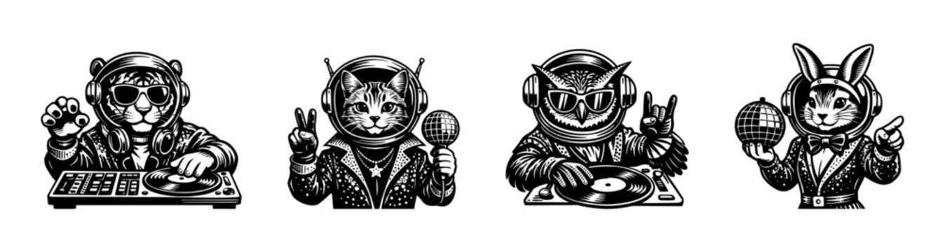 Black and white vector illustrations of animal djs with headphones and turntables