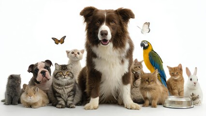 Fototapeta premium Large Group of Diverse Domestic Pets and Animals Posing on White Background 