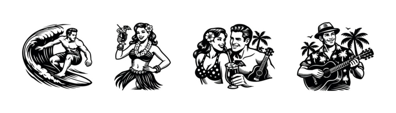 Vintage hawaiian style vector illustrations featuring surfing, hula dancer, couple, guitarist