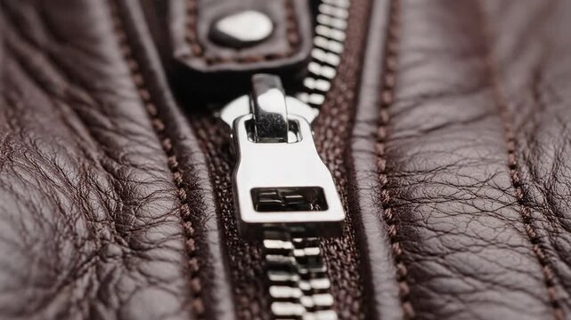 Close-up macro shot of a metallic zipper on a textured brown leather jacket.