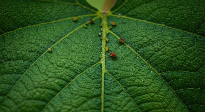 Aphids Infestation on Vibrant Green Leaf: Macro Detail of Plant Parasites and Leaf Texture