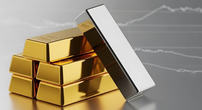 Gold and silver ingots with financial growth graph. Concept for precious metal investment, capital protection, and wealth management in the stock market. 3D rendering of bullion bars