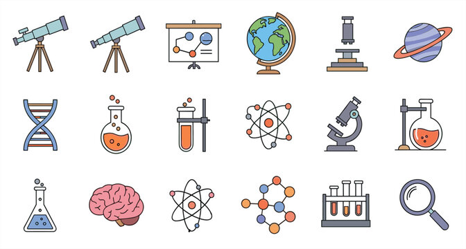 Science and Laboratory Flat Icons Vector Set with Telescope, Microscope, DNA, Atom, Globe, Brain, Molecule, and Chemistry Glassware Collection