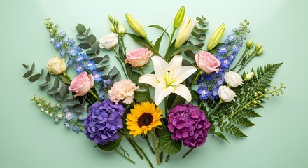 Obraz premium Captivating Rustic and Aesthetic Floral Arrangement on a Tranquil Green Background, Celebrating Nature's Delicate Beauty
