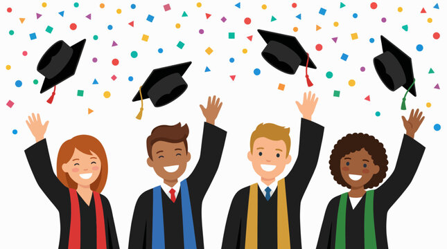 A joyful illustration of diverse graduates celebrating their accomplishments with caps flying in the air, representing success, achievement, and the excitement of a new beginning.