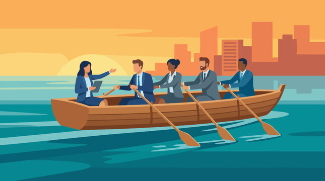 A vibrant illustration of a business team working harmoniously, rowing a boat together, representing teamwork, collaboration, and effective communication in a corporate environment.