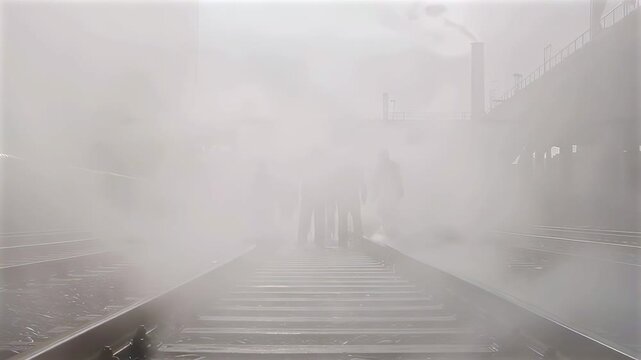 zombie survivors walking through foggy railway tracks in abandoned industrial area, post apocalyptic scene, danger, fear and survival in dystopian environment
