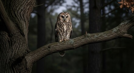 Obraz premium A Tawny Owl Perched on a High Forest Branch at Night, Observing its Surroundings with Keen Eyes