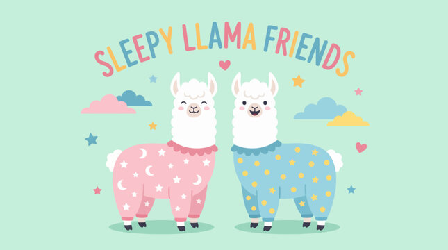 Two adorable llamas wearing colorful pajamas promote a sense of fun and friendship in a whimsical design, perfect for children's products and playful themes.