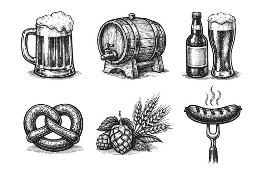 Vintage beer set in black and white engraved illustration style with beer mug bottle barrel hops pretzels and sausages
