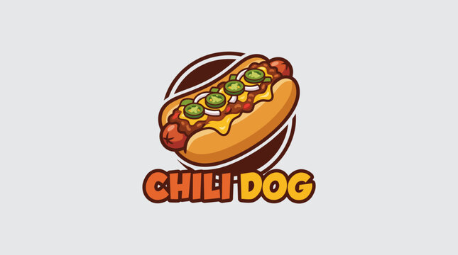 This vibrant image showcases a mouthwatering chili dog topped with onions, jalape&ntilde;os, and cheese, perfect for fast food branding and marketing materials.