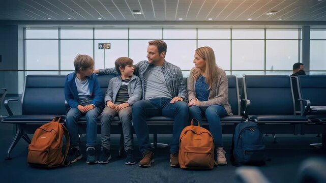 family resting together in airport waiting area seats, tired parents and children leaning on each other, travel delay mood, indoor terminal scene with calm bonding and shared journey fatigue