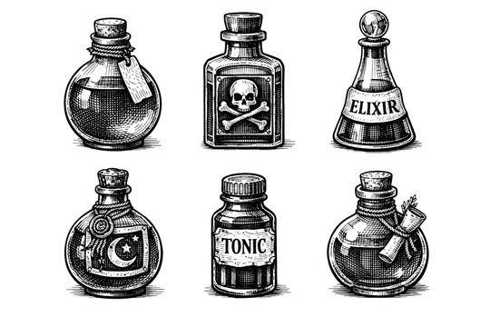 Vintage apothecary bottles set in black and white engraved illustration style with poison elixir herbal jar and laboratory flask