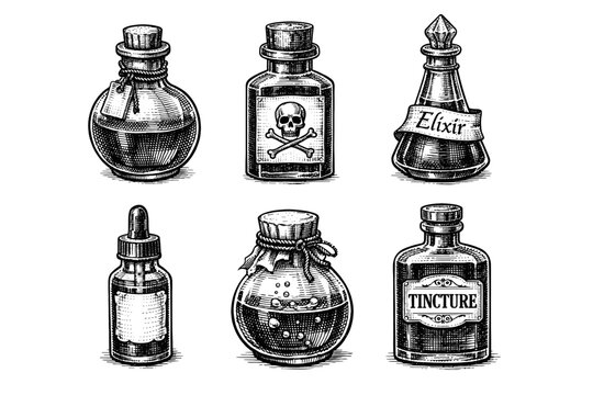 Vintage apothecary bottles set in black and white engraved illustration style with poison elixir herbal jar and laboratory flask