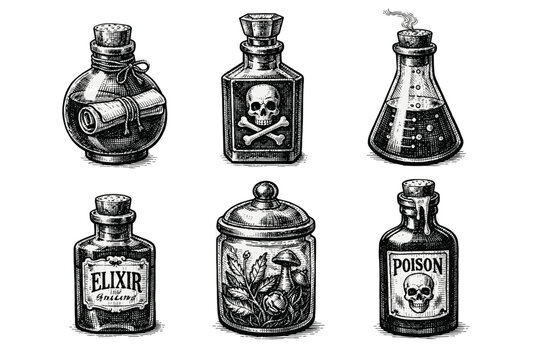 Vintage apothecary bottles set in black and white engraved illustration style with poison elixir herbal jar and laboratory flask