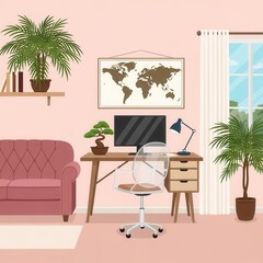 Fototapeta premium Cozy Home Office With World Map And Lush Greenery