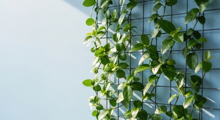 Obraz premium Green ivy plant with small glossy leaves climbing a wire grid against a light blue wall