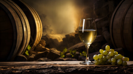 Naklejka premium The glass of white wine with grape and old wooden barrel on rural background