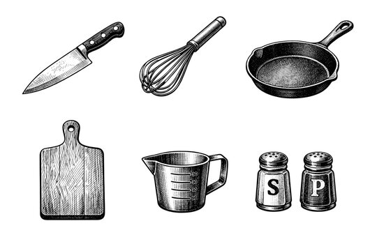 Vintage kitchen utensils set in black and white engraved illustration style with chef knife frying pan whisk cutting board rolling pin and grinder