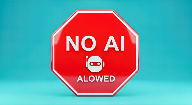 red stop sign with no AI allowed text and robot head icon isolated on bright blue background artificial intelligence ban restriction copyright protection concept