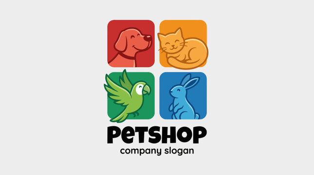 A playful and colorful logo design showcasing various pet animals, designed for a pet shop business, aimed at attracting pet lovers with its vibrant and friendly style.