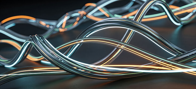 glowing fiber optic cables abstract wavy neon lines dark background digital communication data transfer network internet technology concept modern futuristic 3d rendering graphic design