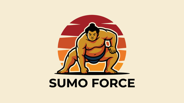 A dynamic logo design featuring a sumo wrestler in an action pose, symbolizing strength and tradition in sports, perfect for a brand focused on athleticism and cultural richness.