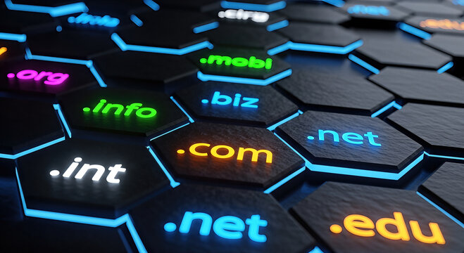 glowing domain name extensions com net org info biz hexagon tiles black background internet communication web hosting website network digital technology concept