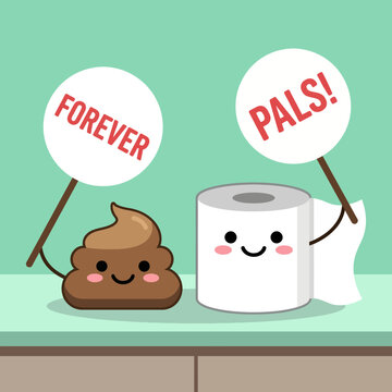 This whimsical illustration features adorable characters of poop and toilet paper holding signs, evoking humor and a light-hearted atmosphere perfect for children's content or fun branding.