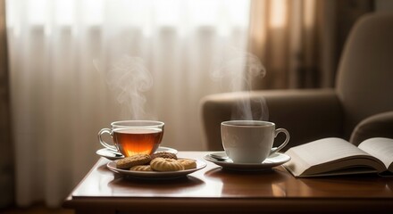 Obraz premium Cozy Morning Tea And Coffee With Biscuits And Open Book Comforting Scene