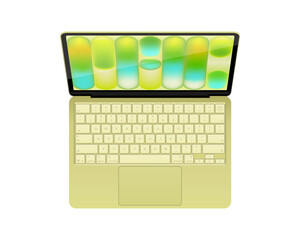 Fototapeta premium Photorealistic detailed green notebook mockup. Front view of opened notebook with keyboard isolated on transparent background. Vector illustration