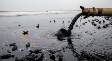 Naklejka premium Dark Oily Sludge Polluting Ocean Waves and Sandy Beach with Iridescent Sheen on Water Surface