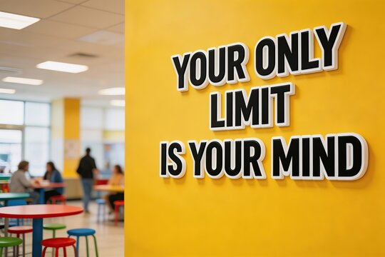 Motivational quote on yellow wall in modern coworking space with blurred people and colorful furniture inspiring creativity productivity and positive mindset in office interior