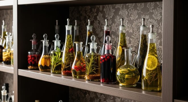 Assorted Glass Cruets Filled with Infused Oils and Botanicals Arranged on a Shelf