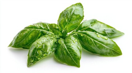 Fototapeta premium misted basil sprigs Vibrant green basil leaves covered in glistening water droplets, fresh herb texture with natural dew isolated on white background
