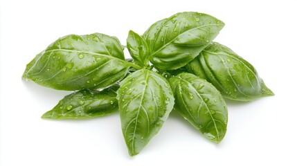 Fototapeta premium misted basil sprigs vibrant fresh cluster of green basil leaves covered in refreshing water droplets isolated on white background
