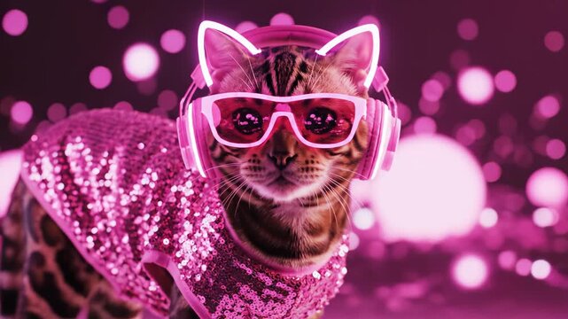 Cat in sequin outfit with neon glasses