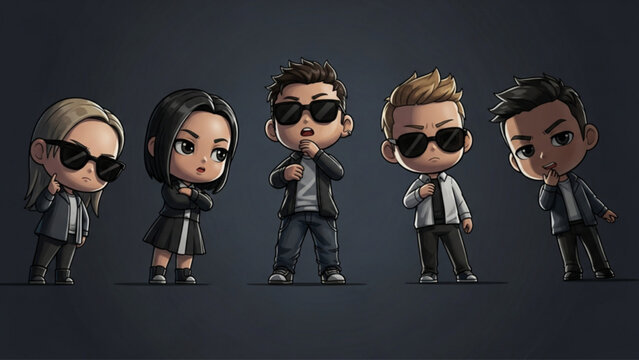 Group of Cool Chibi Characters in Sunglasses Secret Agent Style Illustration