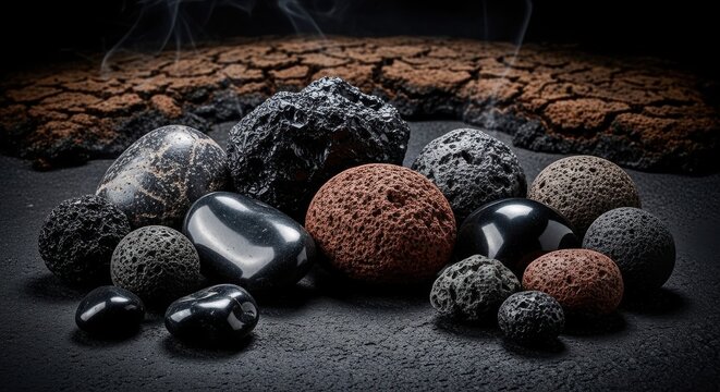 A Diverse Collection of Polished Volcanic Rocks Displayed in Rich Detail