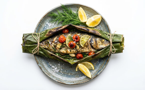 Grilled Sea Bass Wrapped in Banana Leaf with Spices and Sicilian Lemon