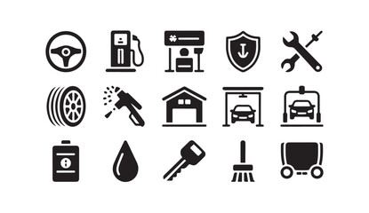 Fototapeta premium Car wash service icons, auto shop symbols, and vehicle maintenance elements collection