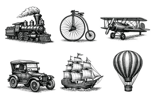 Vintage transport collection in black and white engraved illustration style with hot air balloon steam train biplane carriage car and sailing ship