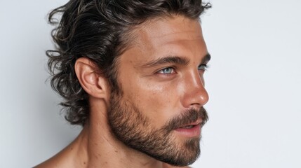 Obraz premium Highlighting masculine grooming and male beauty A handsome man with a beard and striking blue eyes captured in a profile headshot against a clean isolated white background Skincare self-care.