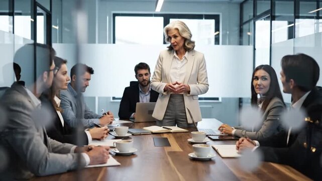 Experienced senior businesswoman effectively leads a diverse corporate team during a productive board meeting, fostering collaboration and strategic discussion in a modern office environment