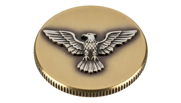 Detailed metallic medallion featuring a silver eagle emblem with spread wings on a brass circular coin, showcasing intricate relief carving and a classic ridged edge for a vintage look.
